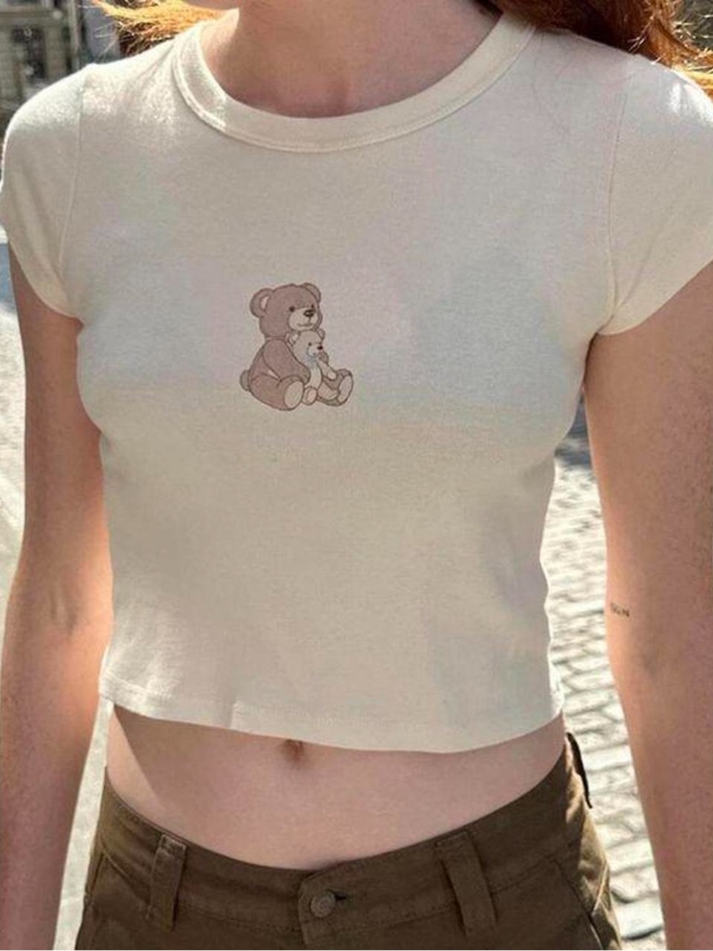 Brandy Melville Cream Cropped Tee with Teddy Graphic